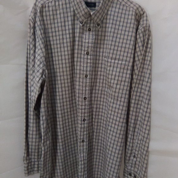 Izod Men's Long Sleeve Button Down Shirt Color Tan/Blue Plaid Size Large - Picture 3 of 5